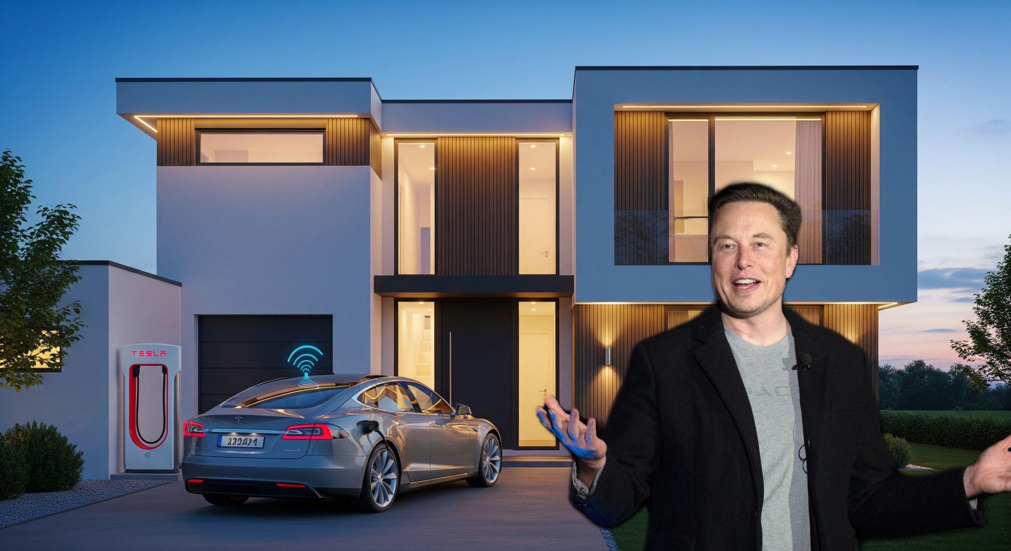 A Tesla-integrated smart home at dusk